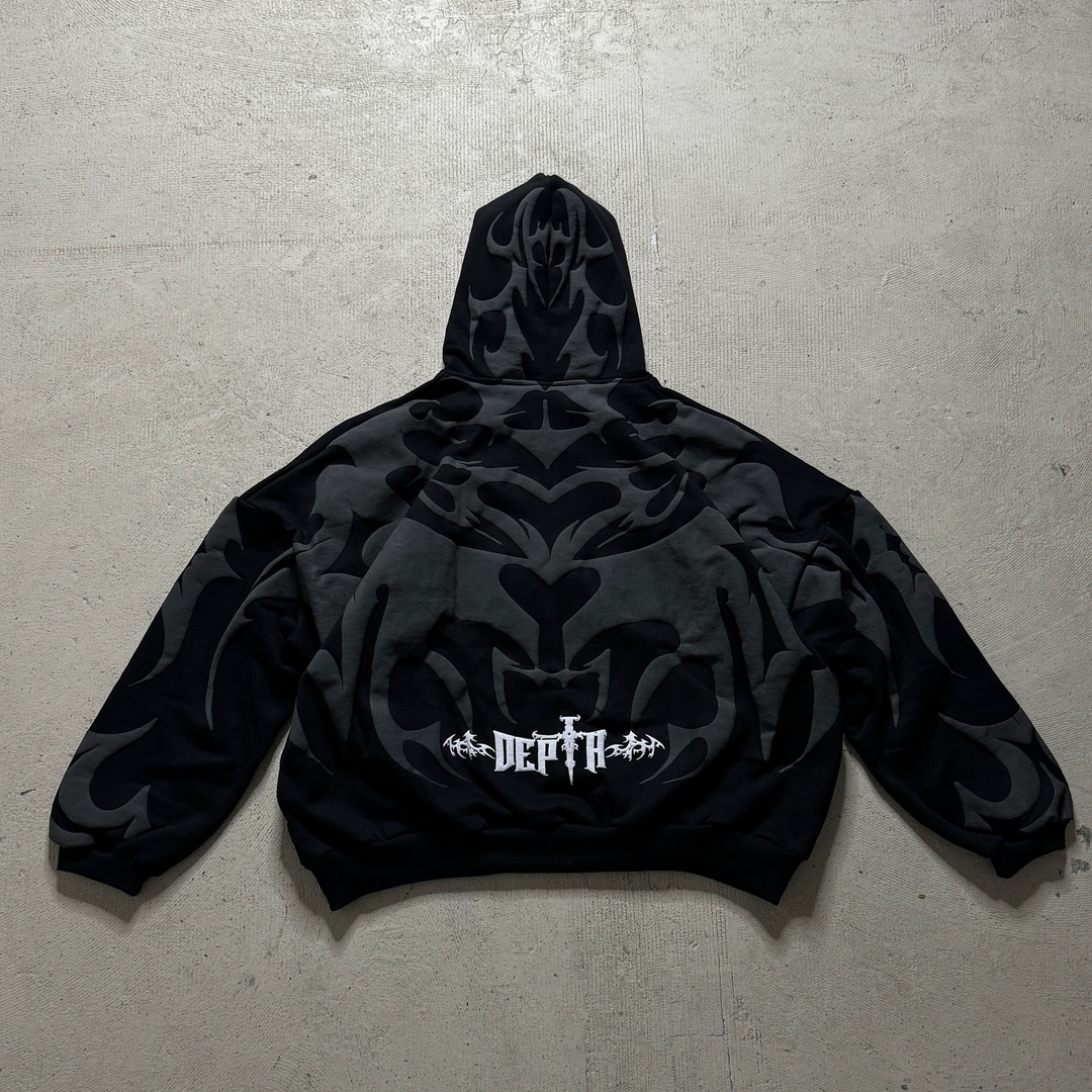 Gothic print contrast zip-up hoodie