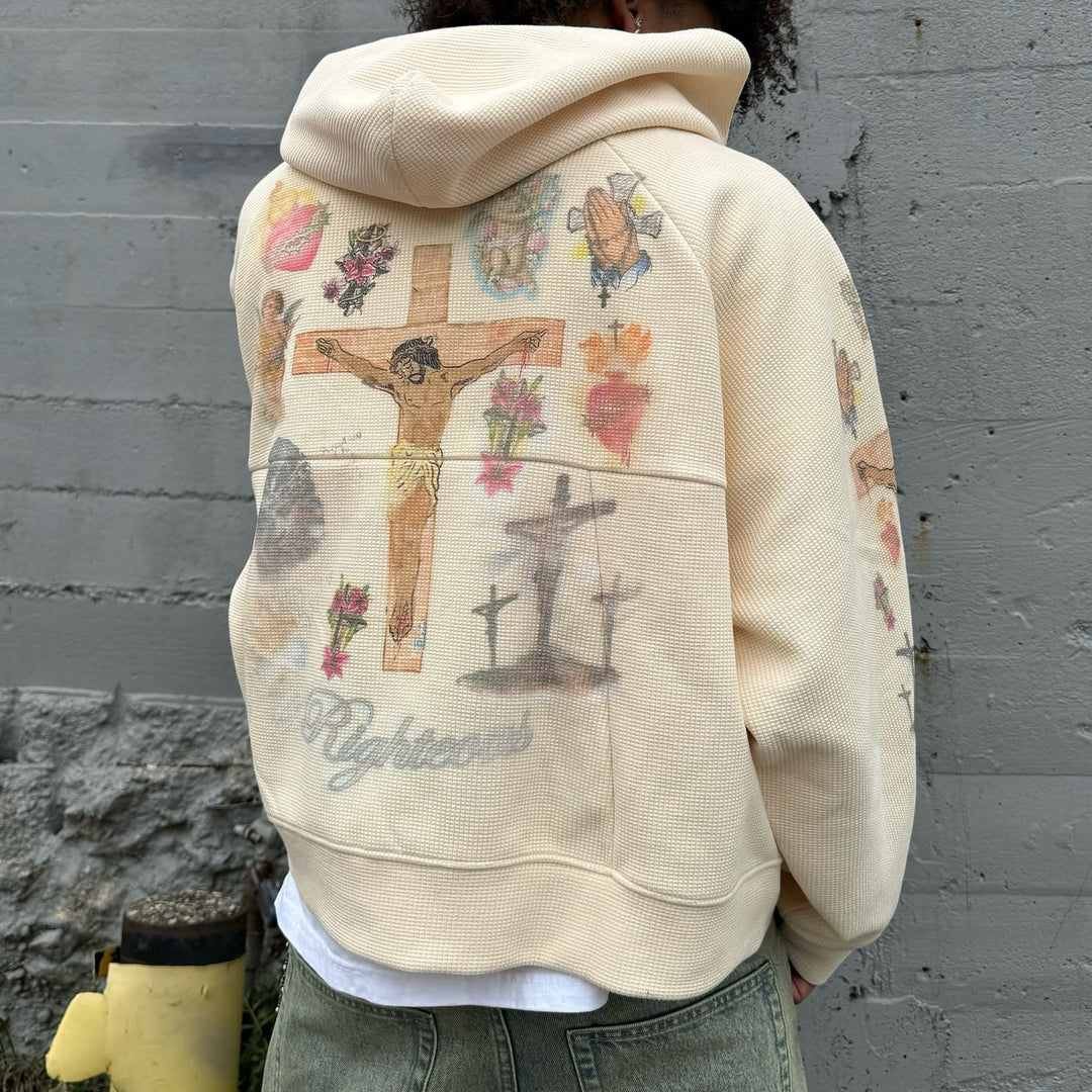 Jesus Print Patchwork Long Sleeve Zipper Hoodies