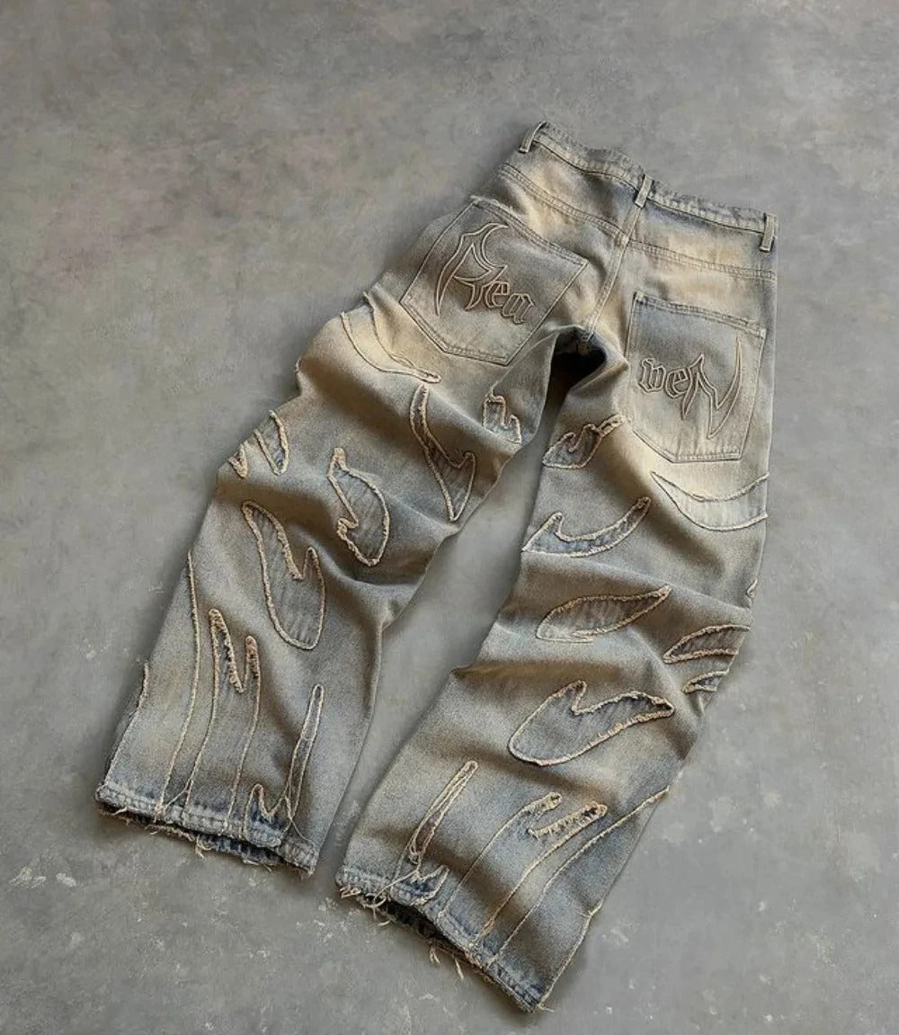 Hip Hop Punk Raw Edge Embroidered Jeans