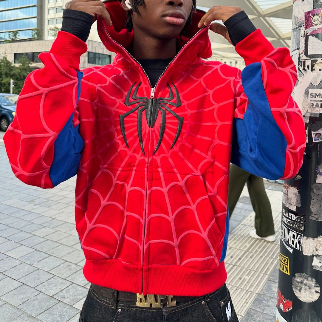 Contrast spider print zip-up hoodie