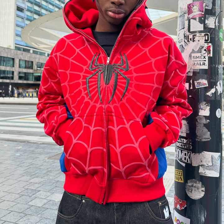 Contrast spider print zip-up hoodie