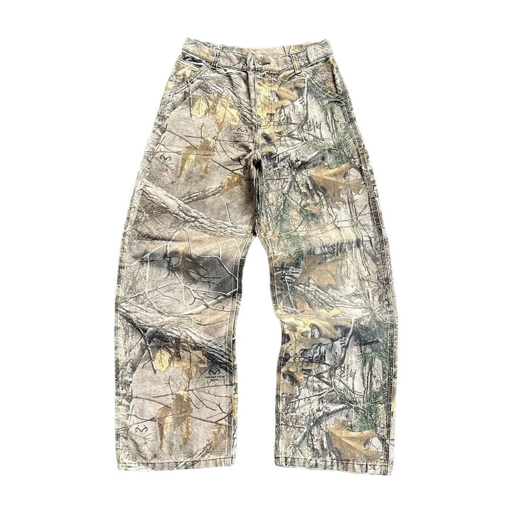 Camouflage pants tree branches distressed wide-leg loose straight jeans