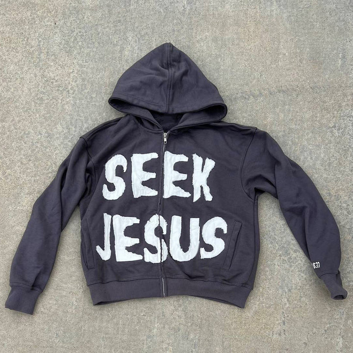 Seek Jesus Print Long Sleeve Applique Embroidered Zipper Hoodies