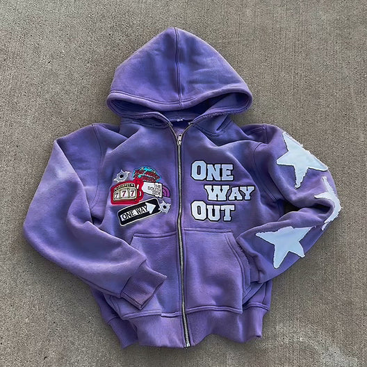 Streetwear Patched Zip-Up Hoodie