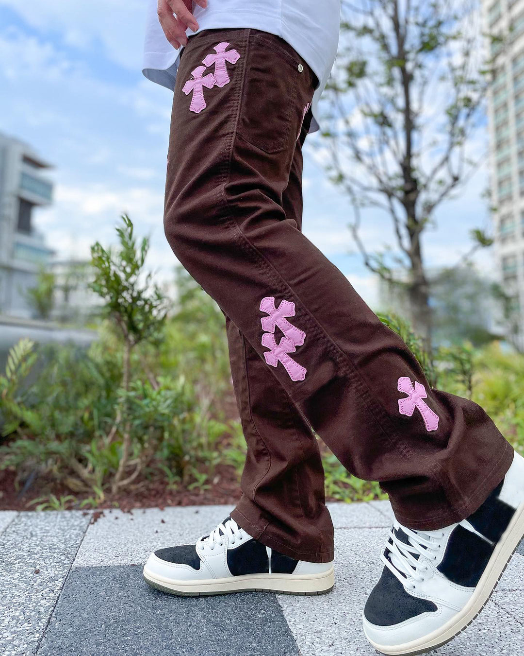 Retro cross print street style trousers