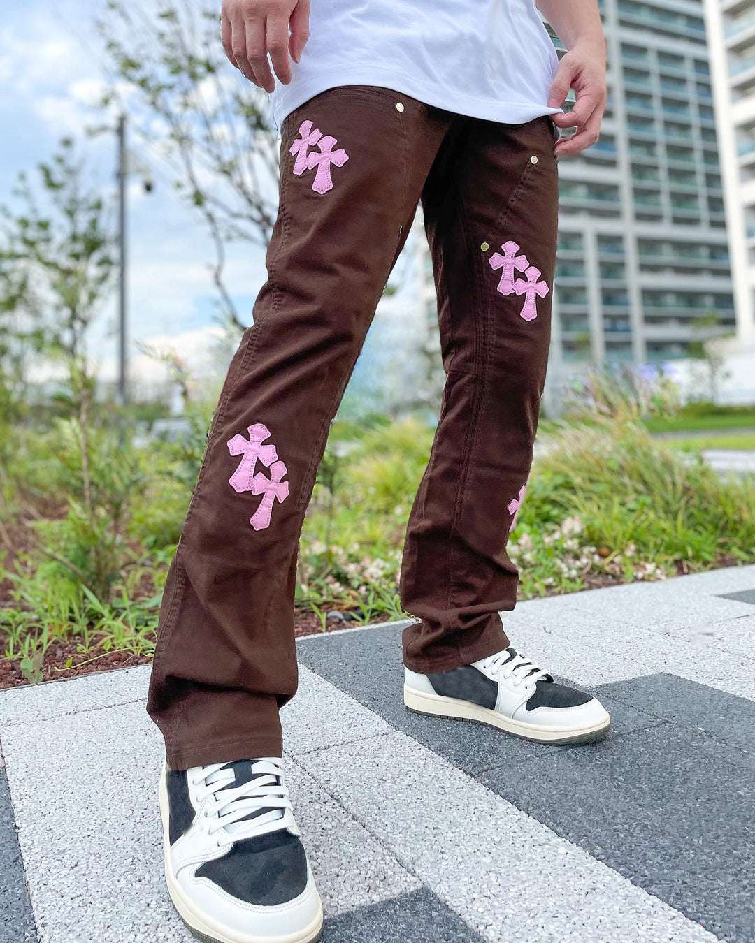 Retro cross print street style trousers