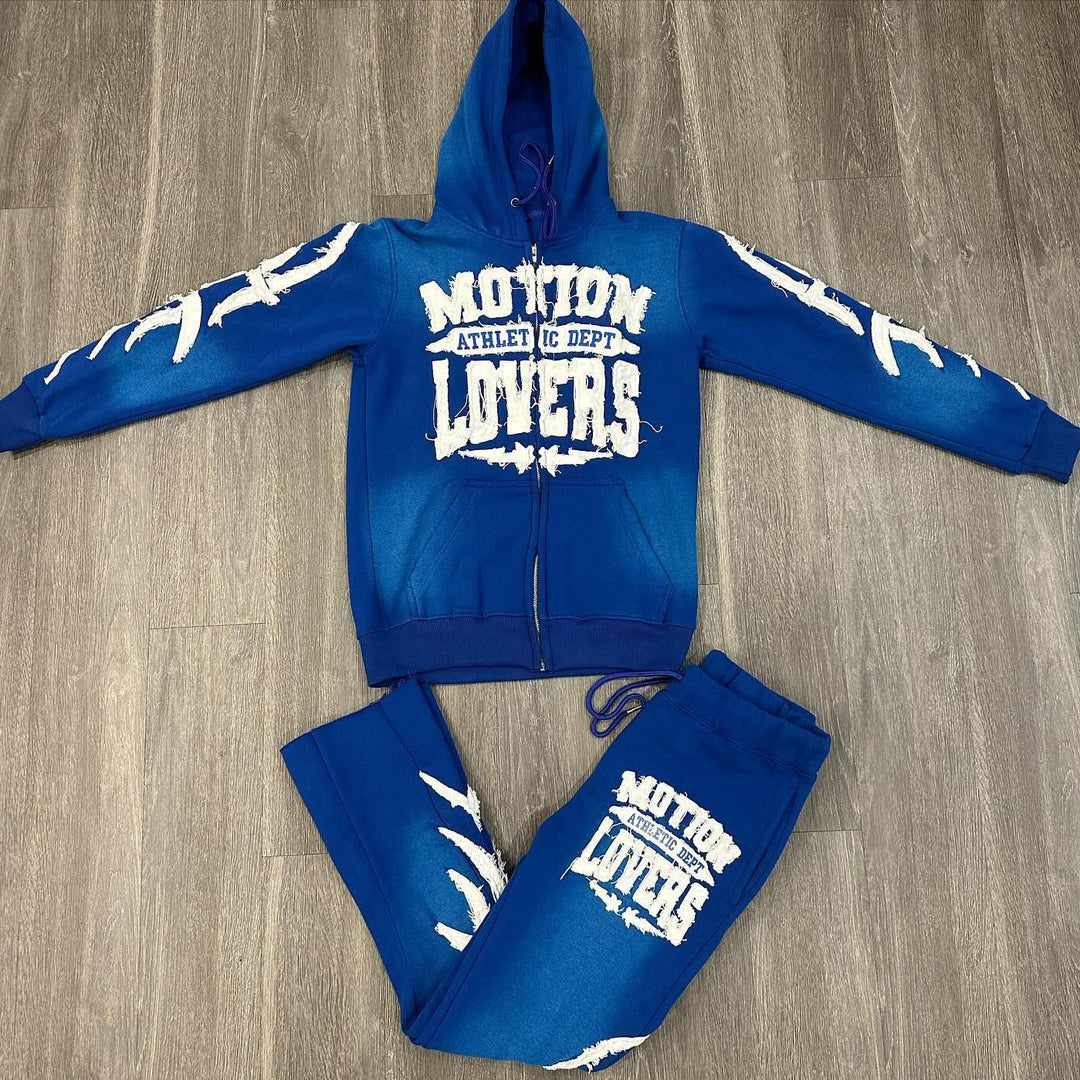 Motion Lovers Print Zipper Hoodie Sweatpants Two Piece Set