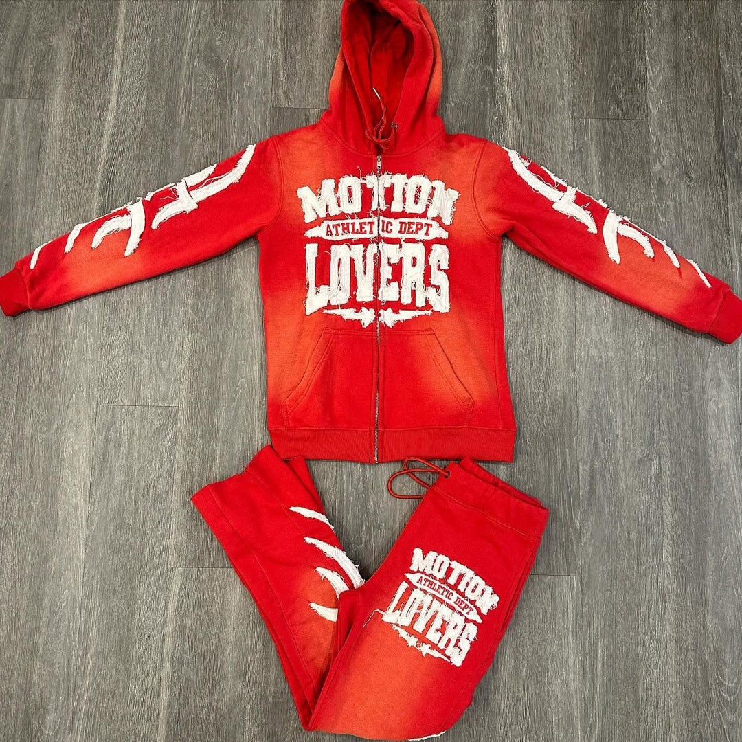 Motion Lovers Print Zipper Hoodie Sweatpants Two Piece Set