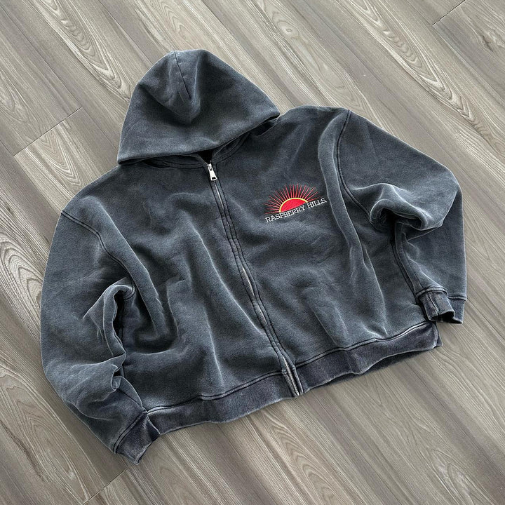 Distressed Vintage Print Zip-Up Hoodie