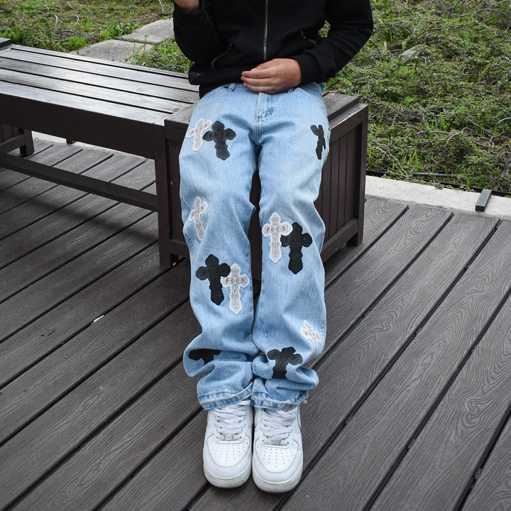 Personalized street style cross print jeans