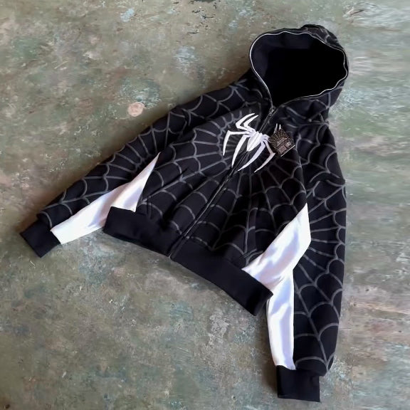 Contrast spider print zip-up hoodie