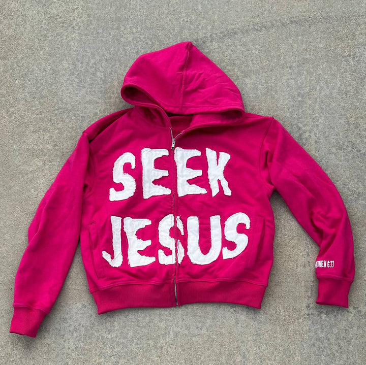 Seek Jesus Print Long Sleeve Applique Embroidered Zipper Hoodies