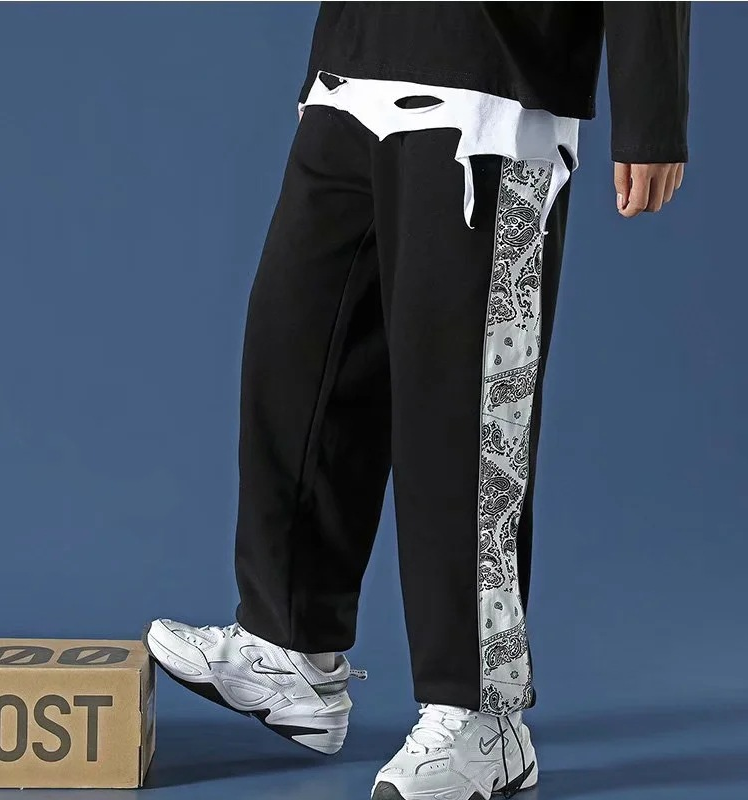 Reflective sports loose straight drawstring trousers