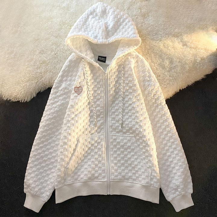 Waffle Loose Top Hooded Zip Cardigan Jacket