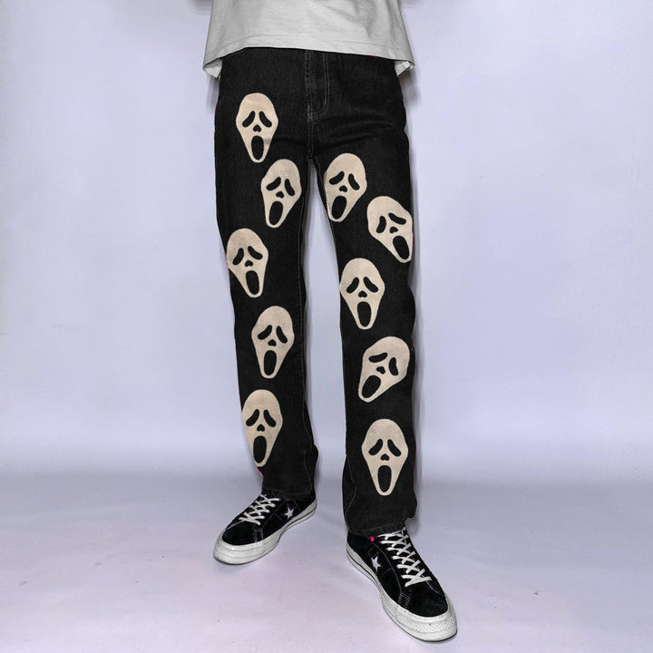 Casual personality men's printed black jeans straight-leg pants