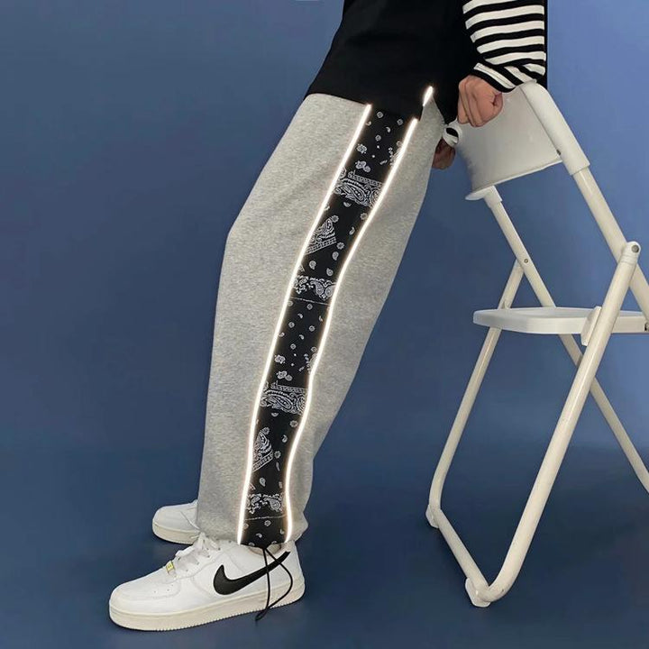 Reflective sports loose straight drawstring trousers