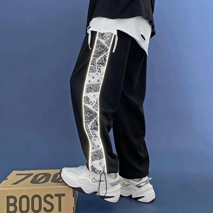 Reflective sports loose straight drawstring trousers