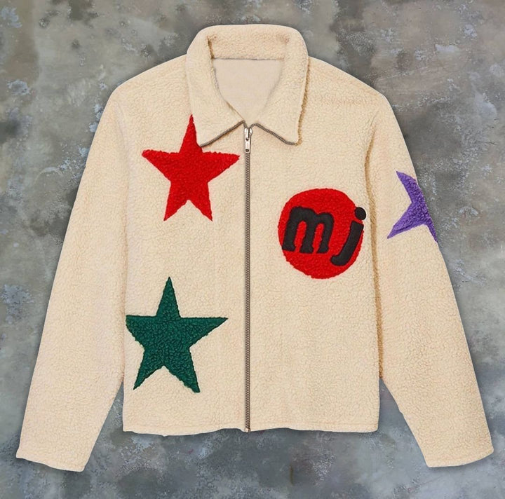 Casual plush five-pointed star print men's lapel jacket